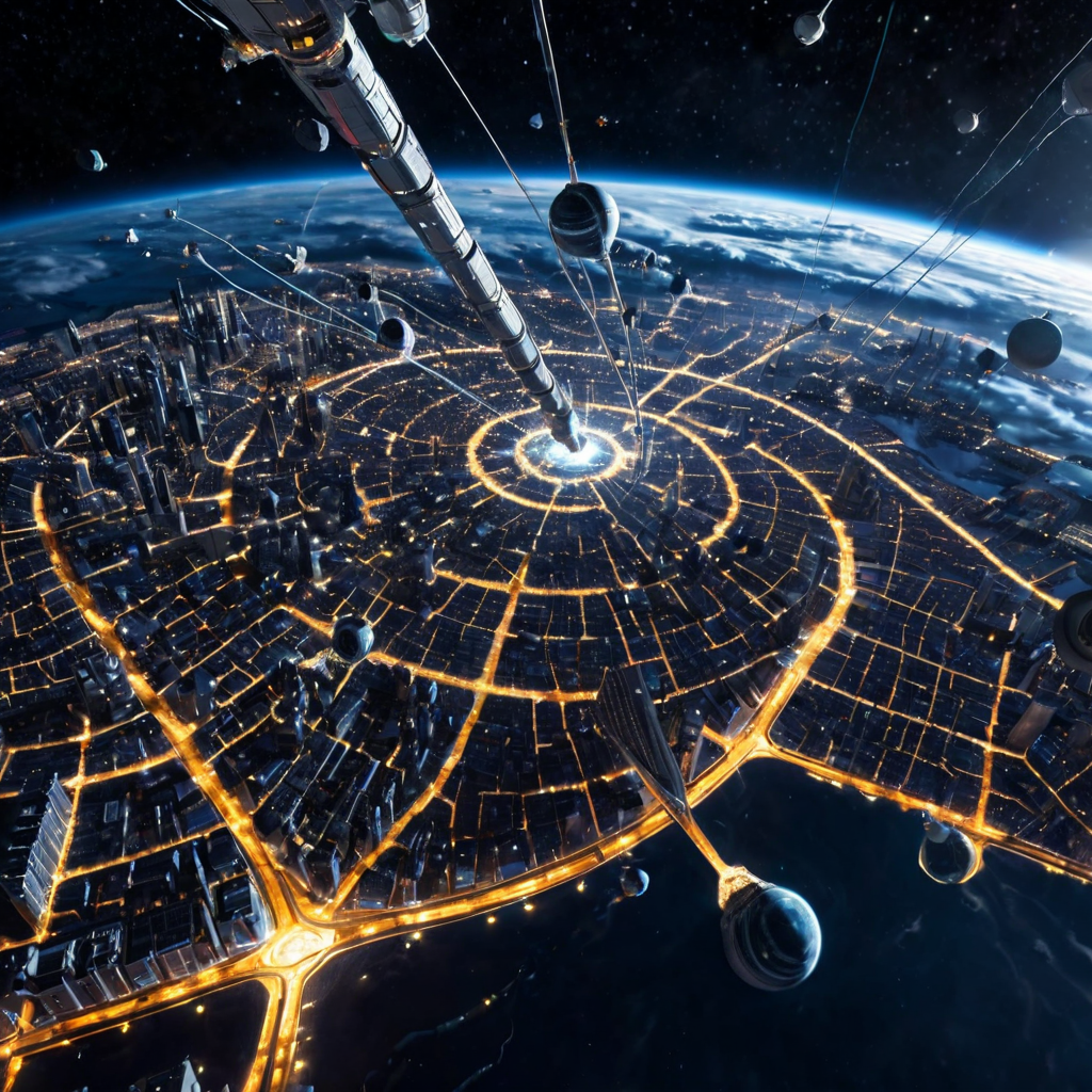 A futuristic megacity seen from orbit, city lights forming the shape of a neural network, weather systems swirling above, tiny spacecraft in low orbit, epic scale concept art