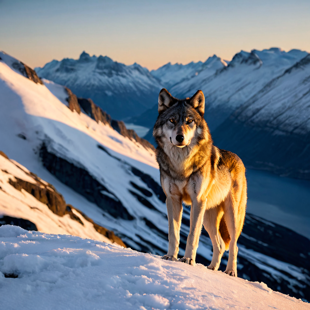 A lone wolf standing on a snow...