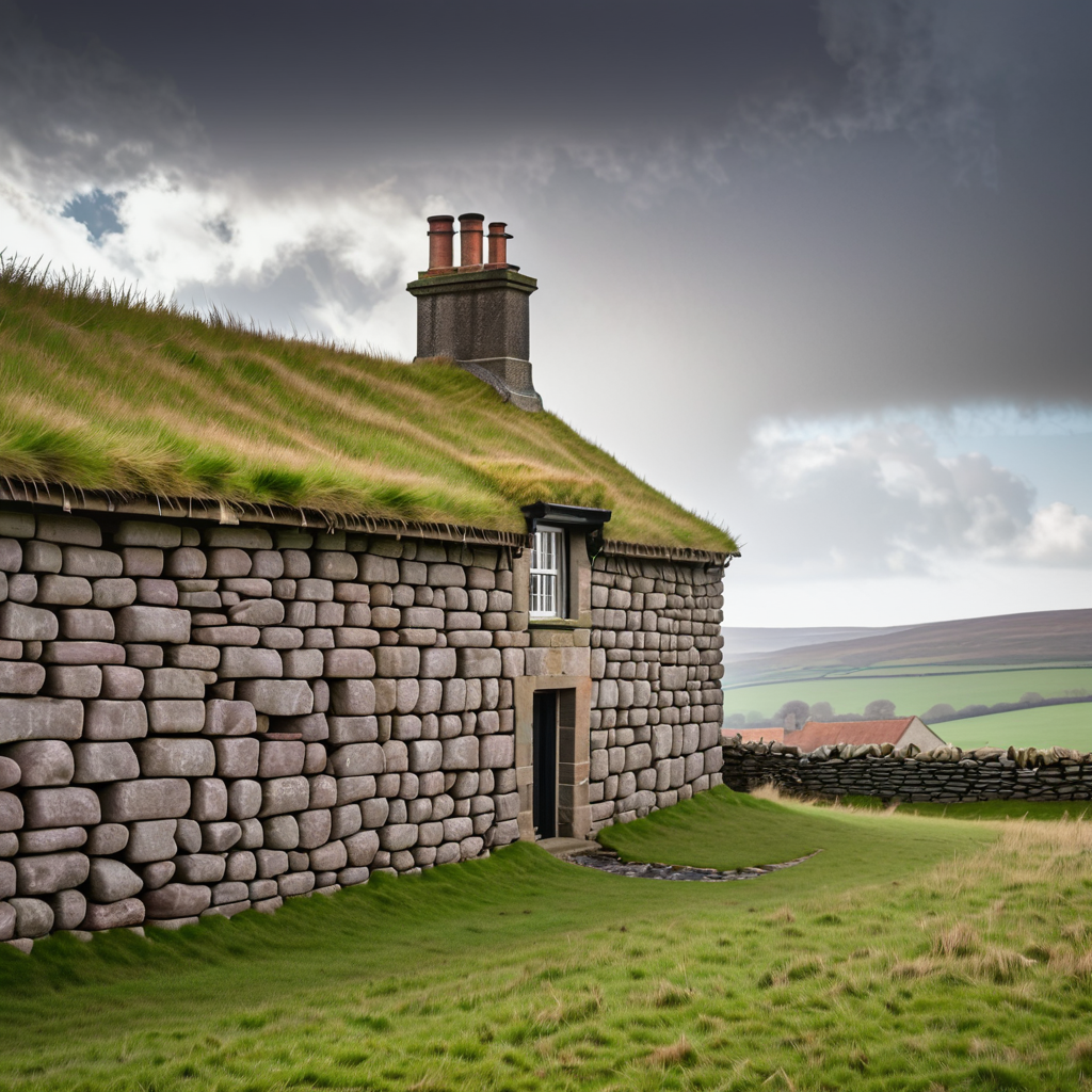 a house on the moor, raing day stone wall, and grass roof, light in windows, and smoke ringe from chimney