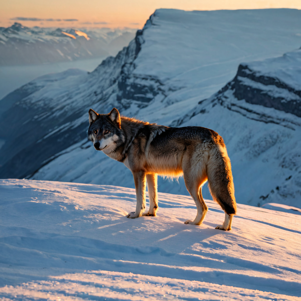 A lone wolf standing on a snow-covered mountain ridge at dawn, breath visible in the freezing air, vast Norwegian fjords below, National Geographic photography style, golden rim lighting