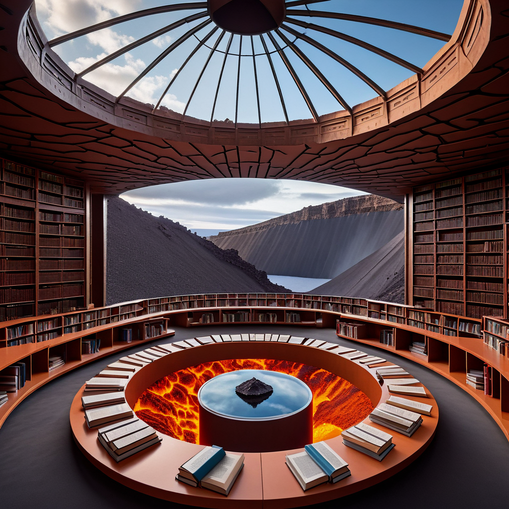 An architectural marvel: a library built inside a dormant volcano crater, glass dome overhead revealing the caldera walls, thousands of books spiraling down to a lava lake floor, concept art