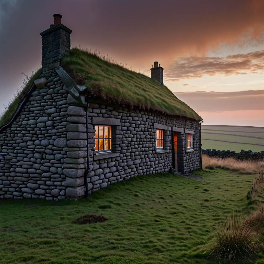 a house on the moor, raing day stone wall, and grass roof, light in windows, and smoke ringe from chimney at dusk, RAW photo, 8k uhd, DSLR, sharp focus, film grain, Fujifilm XT3
