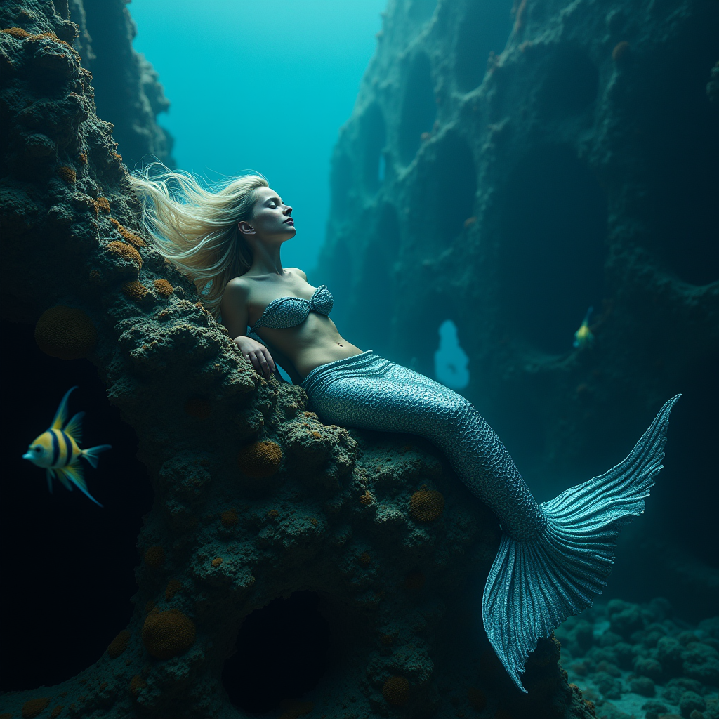 A mermaid resting on a shipwreck at depth, hair floating in the current, lanternfish circling, bioluminescent coral framing the scene, painterly realism, James Jean inspired