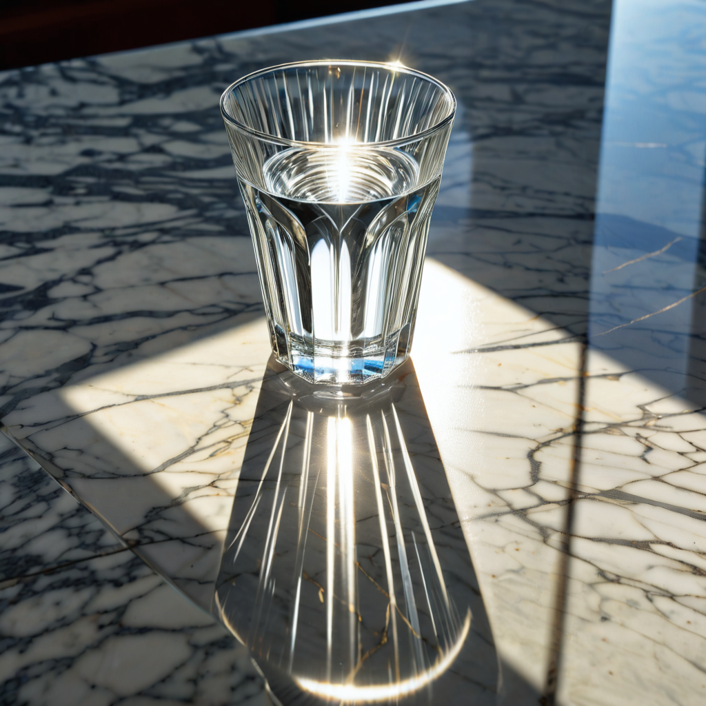 A hyperrealistic painting of a glass of water on a marble table, sunlight refracting through it, casting complex shadow patterns, perfect clarity, Dutch Golden Age tradition