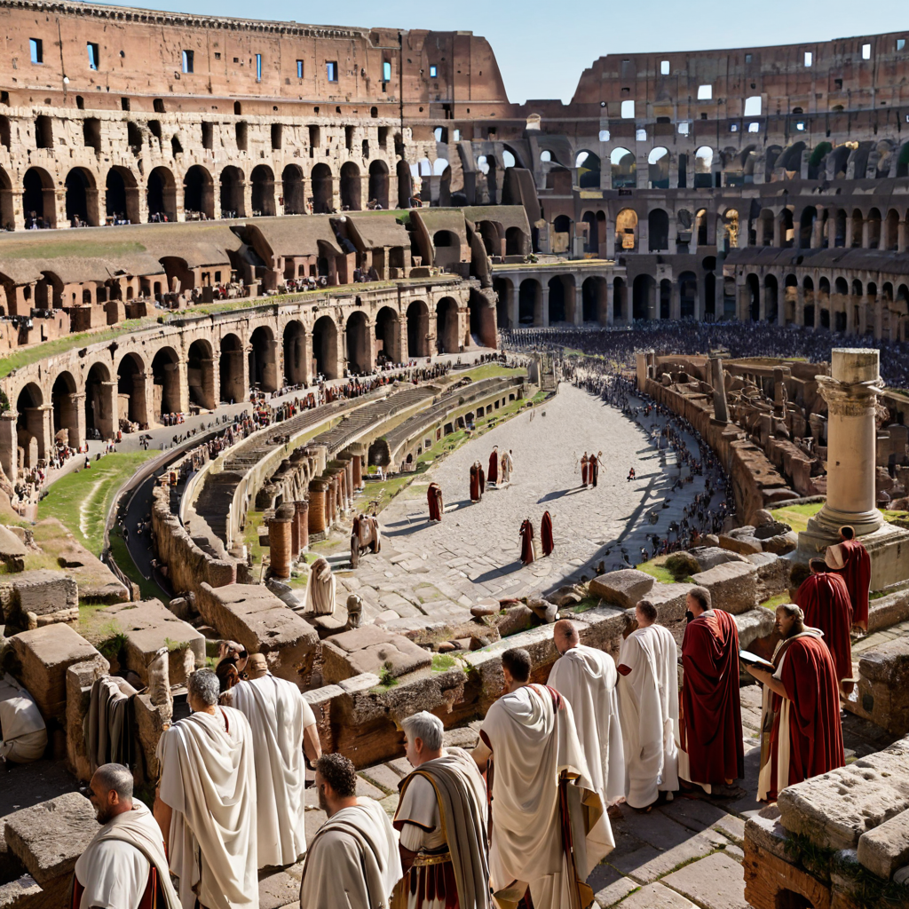 An ancient Roman forum at the height of the empire, bustling with merchants and senators in white togas, the Colosseum gleaming in the background, historically accurate reconstruction
