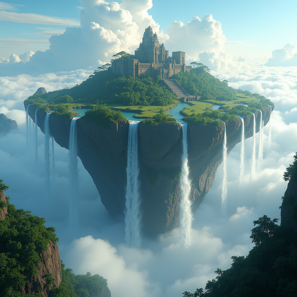 A levitating island paradise above the clouds, waterfalls cascading into the sky below, ancient ruins on the summit, lush tropical vegetation, Avatar-style concept art, epic scale