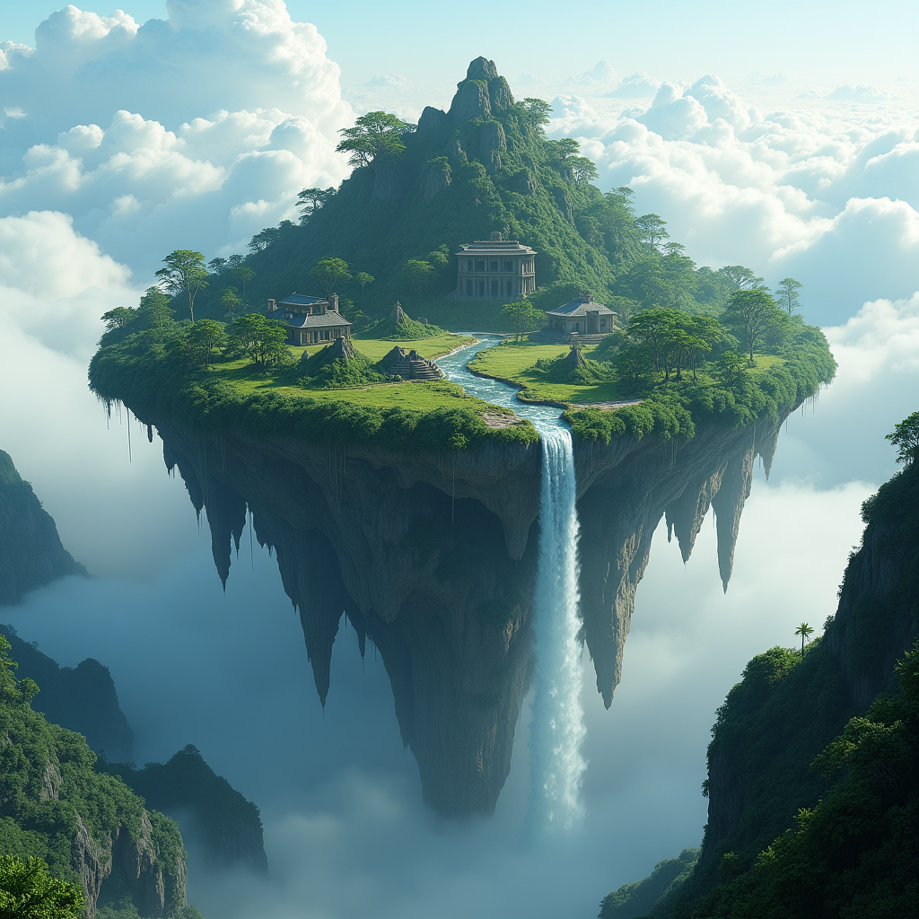A levitating island paradise above the clouds, waterfalls cascading into the sky below, ancient ruins on the summit, lush tropical vegetation, Avatar-style concept art, epic scale