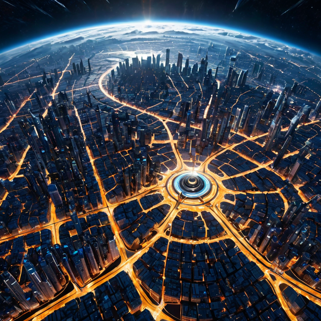 A futuristic megacity seen from orbit, city lights forming the shape of a neural network, weather systems swirling above, tiny spacecraft in low orbit, epic scale concept art