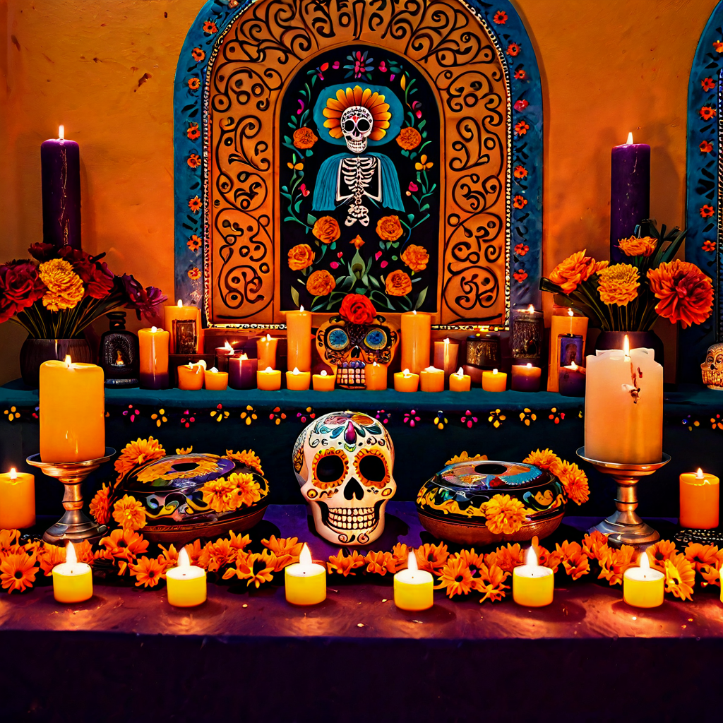 A Mexican Day of the Dead altar in full glory, marigold arches, sugar skull candles, photographs of ancestors, incense smoke, warm candlelight, documentary photography with artistic depth