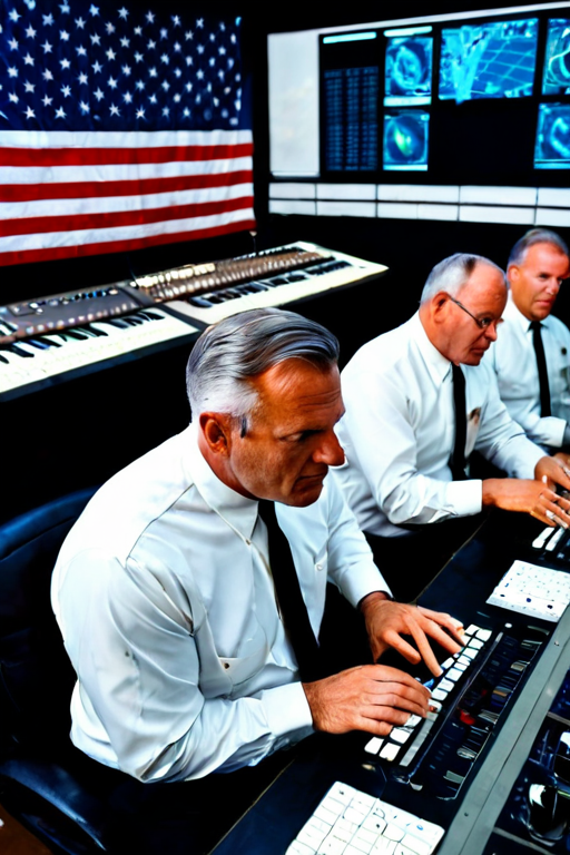 Portrait of a 1960s NASA mission controller at his console, rows of identical men in white shirts and ties, banks of glowing instruments, American flag, tension and pride, period film quality