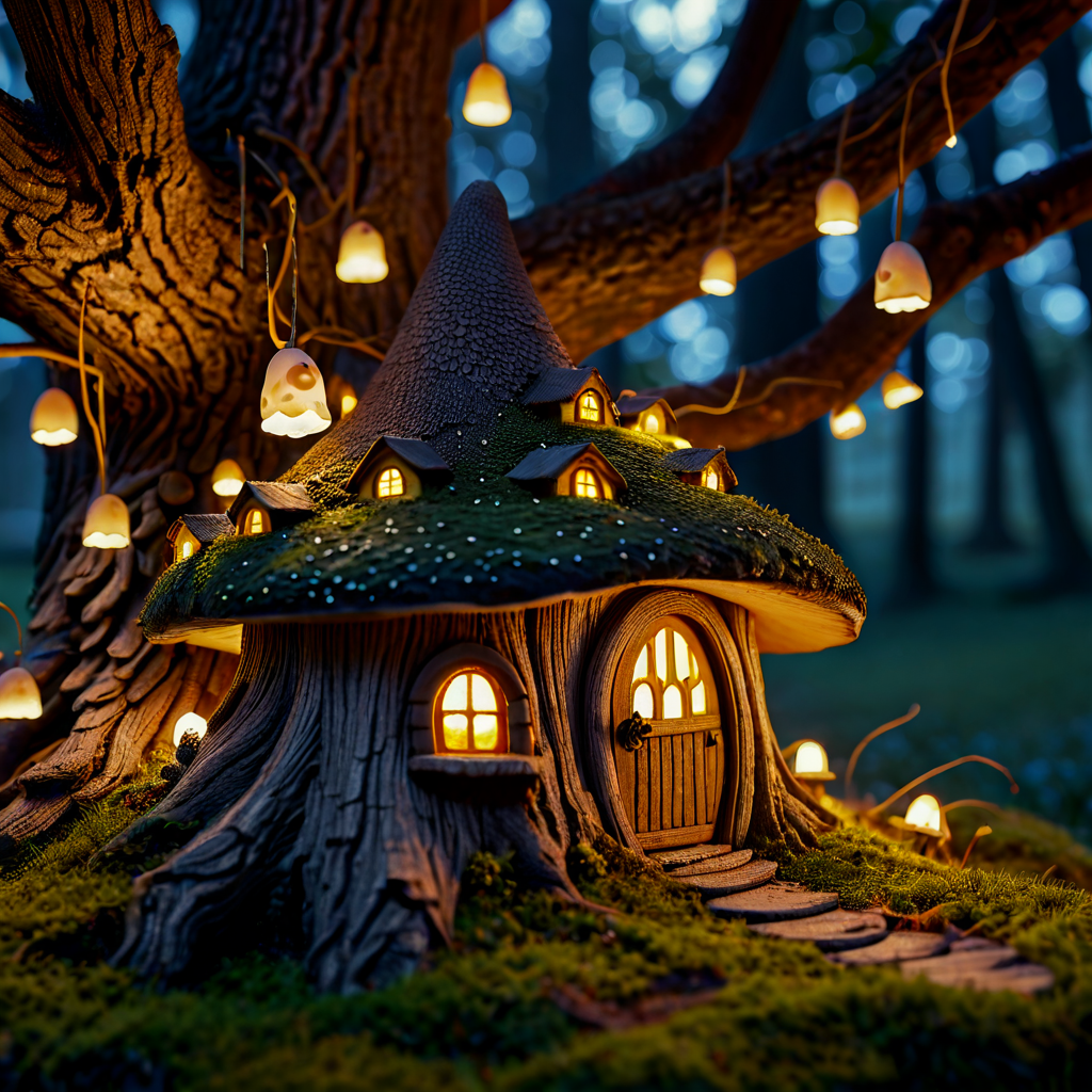 A tiny fairy village built inside the hollow of an ancient oak tree, warm candlelight glowing from miniature windows, mushroom rooftops, fireflies dancing outside, whimsical storybook style
