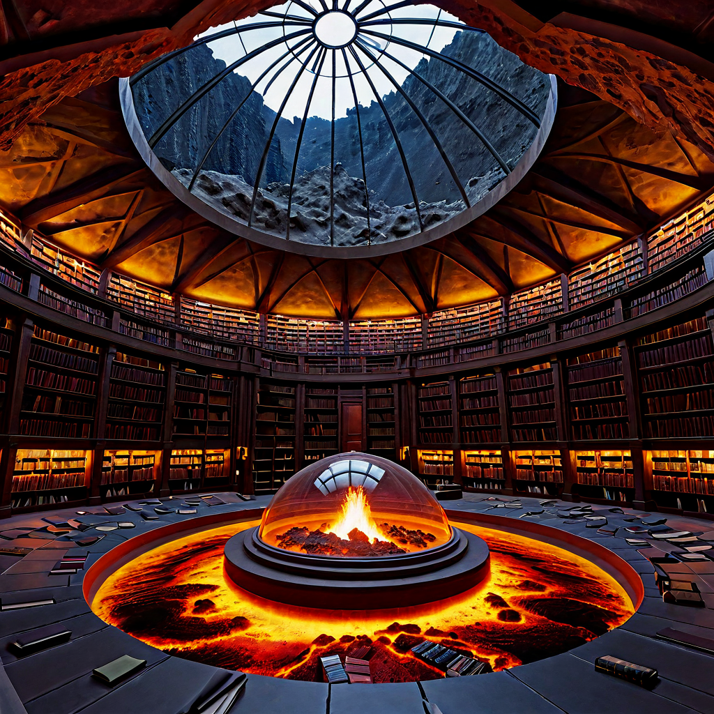 An architectural marvel: a library built inside a dormant volcano crater, glass dome overhead revealing the caldera walls, thousands of books spiraling down to a lava lake floor, concept art