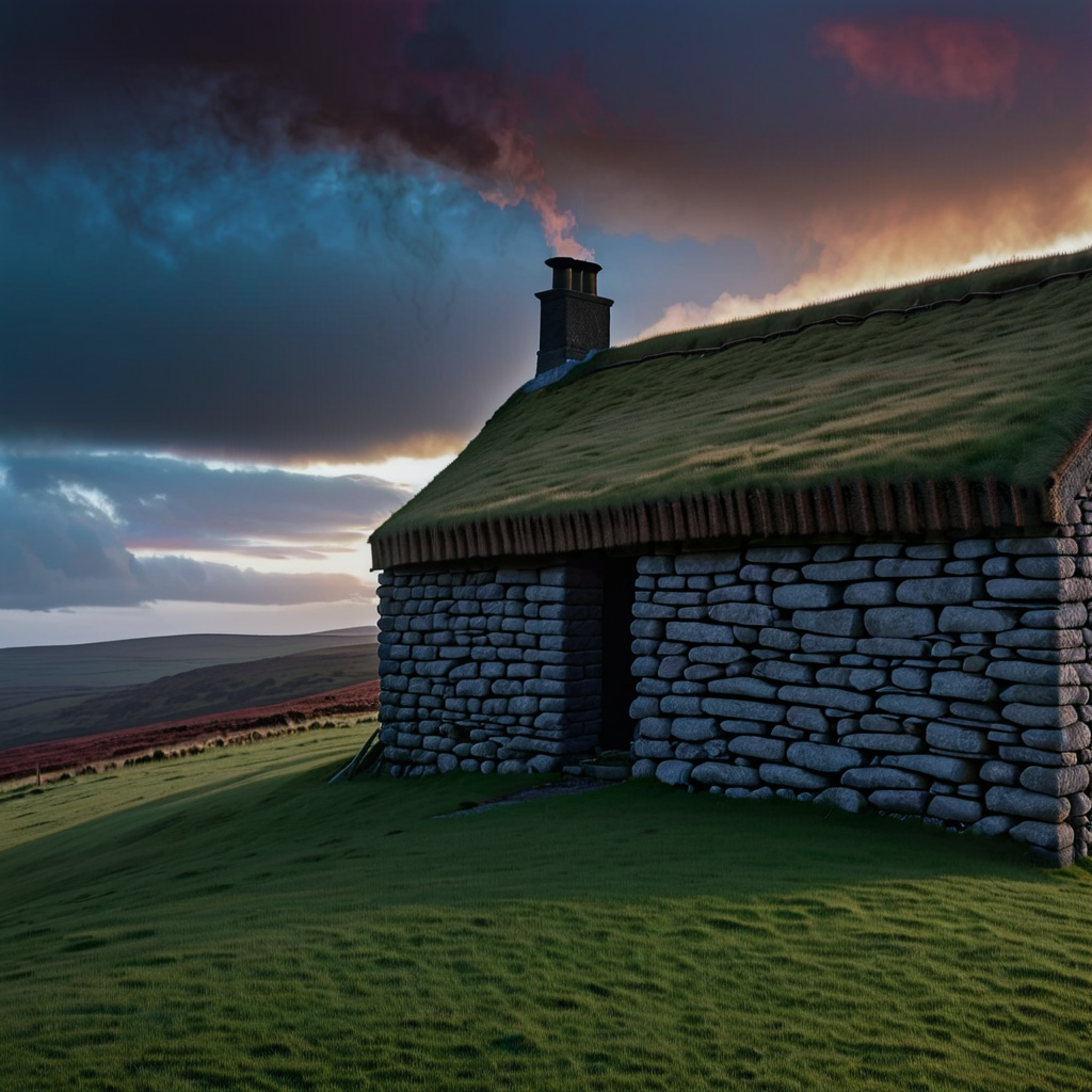 a house on the moor, hevy raing day stone wall, and grass roof, light in windows, and smoke ringe from chimney at dusk, at corner a gallow  whit noose
, RAW photo, 8k uhd, DSLR, sharp focus, film grain, Fujifilm XT3