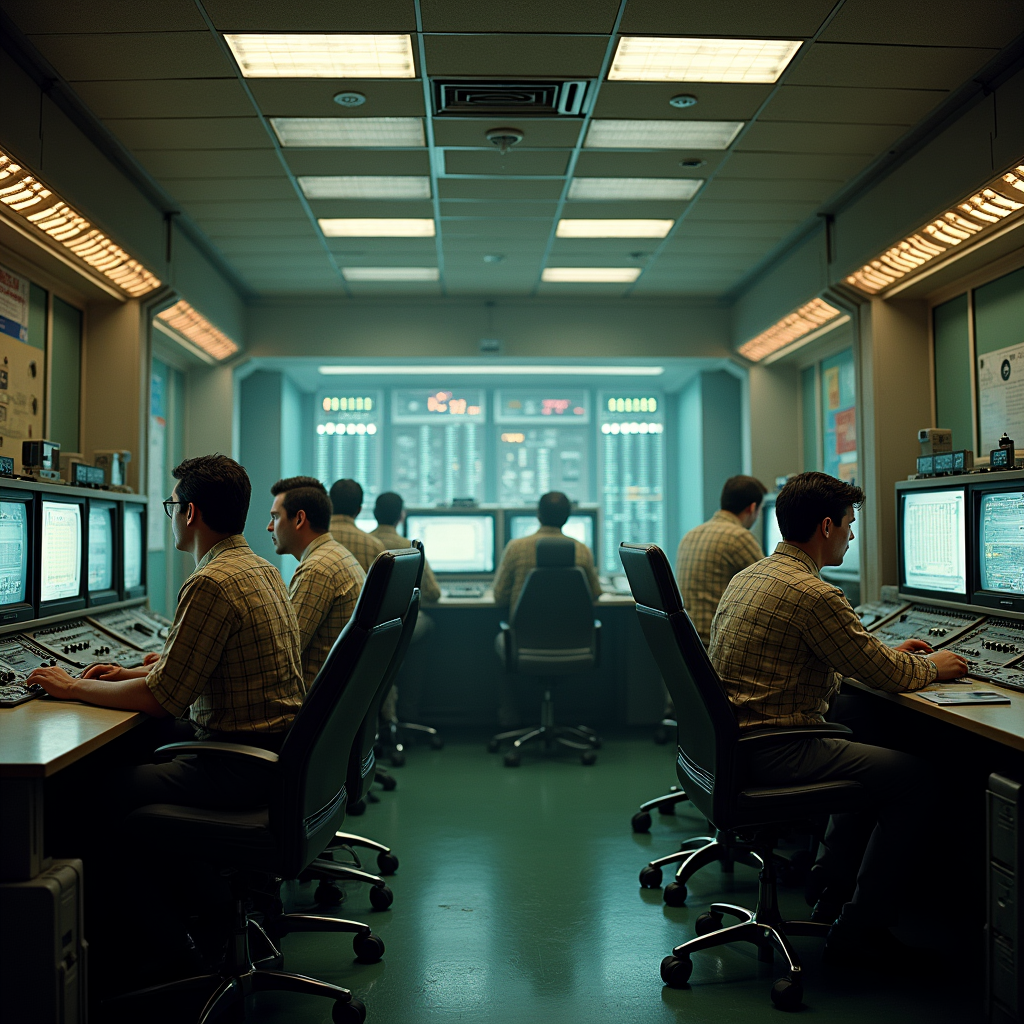 A 1970s analog control room mid-crisis, banks of flickering monitors, panicked engineers in plaid and polyester, dramatic overhead fluorescent lighting, photorealistic period detail