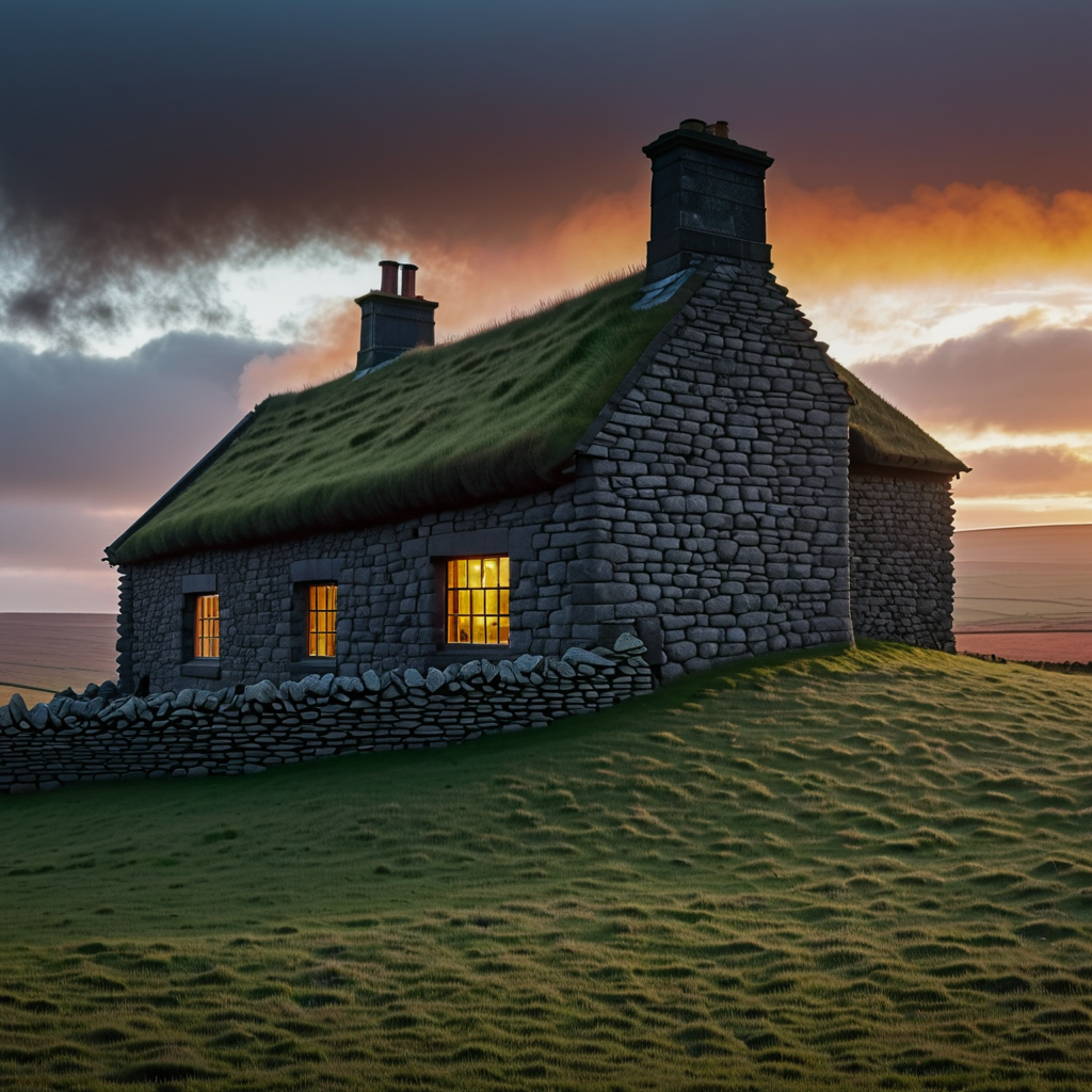 a house on the moor, raing day stone wall, and grass roof, light in windows, and smoke ringe from chimney at dusk, at corner a gallow is waiting fore next to hang
, RAW photo, 8k uhd, DSLR, sharp focus, film grain, Fujifilm XT3