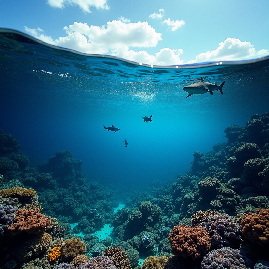 A massive coral reef system from above and below simultaneously, sharks patrolling the surface layer, endless colorful coral in the depths, split-level ocean photography, impossible perspective