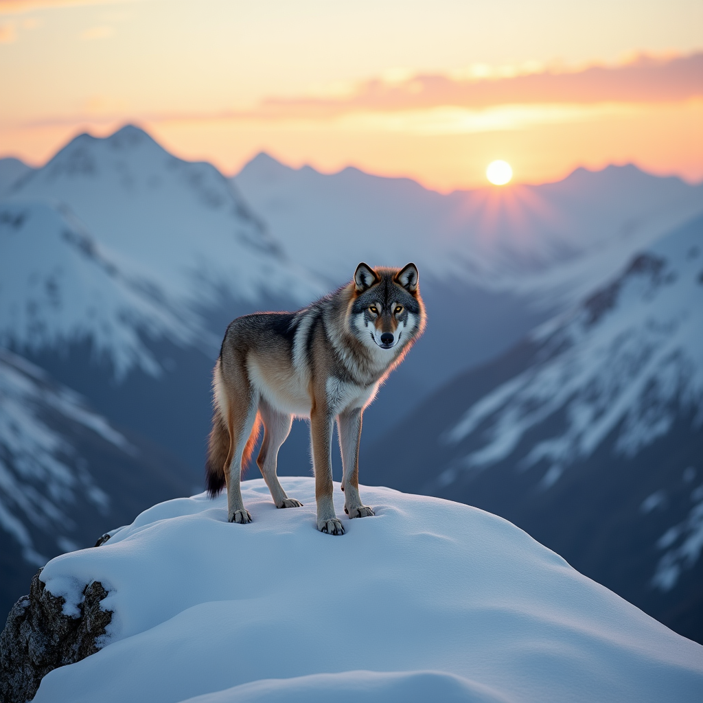 A lone wolf standing on a snow-covered mountain ridge at dawn, breath visible in the freezing air, vast Norwegian fjords below, National Geographic photography style, golden rim lighting