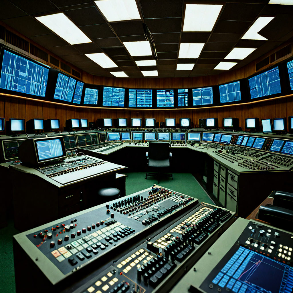 A 1970s analog control room mid-crisis, banks of flickering monitors, panicked engineers in plaid and polyester, dramatic overhead fluorescent lighting, photorealistic period detail