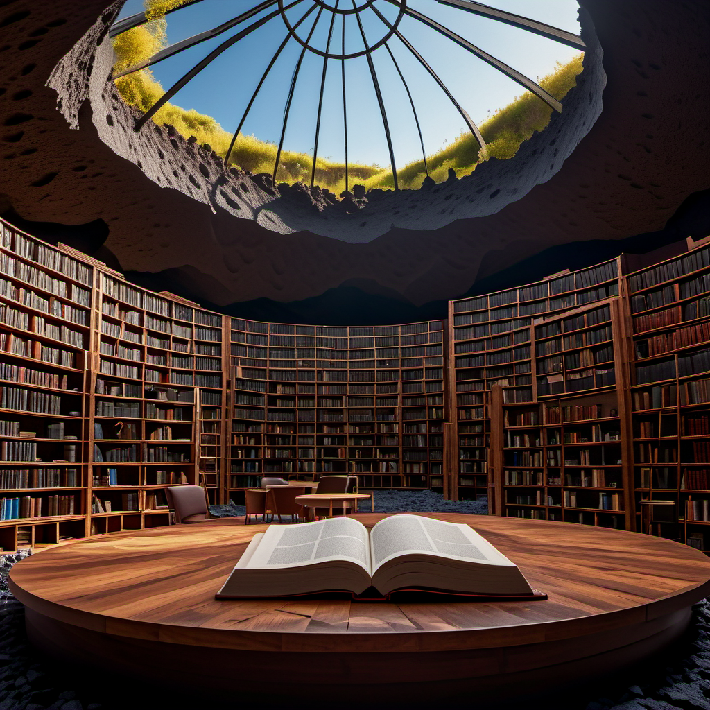 An architectural marvel: a library built inside a dormant volcano crater, glass dome overhead revealing the caldera walls, thousands of books spiraling down to a lava lake floor, concept art