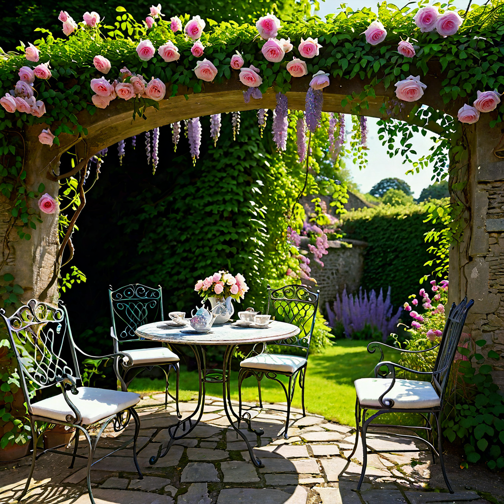 An overgrown English country garden in full summer, roses climbing stone walls, a wrought-iron table set for tea, sunlight filtering through wisteria, romantic and lush, painterly impressionism