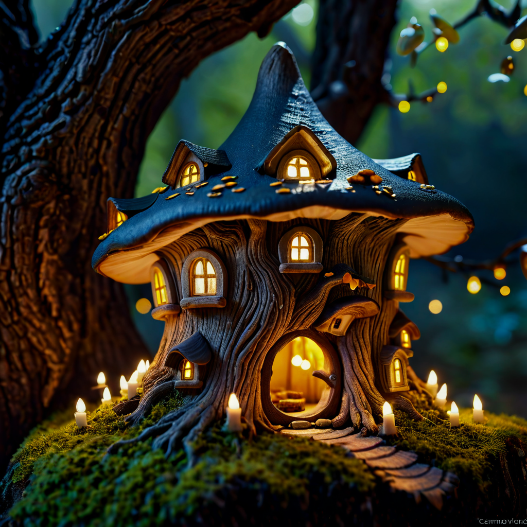 A tiny fairy village built inside the hollow of an ancient oak tree, warm candlelight glowing from miniature windows, mushroom rooftops, fireflies dancing outside, whimsical storybook style