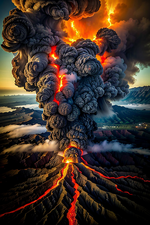 The moment a volcanic eruption meets the sea, lava rivers hissing into Pacific waves, clouds of steam backlit by fire, aerial view, spectacular natural chaos