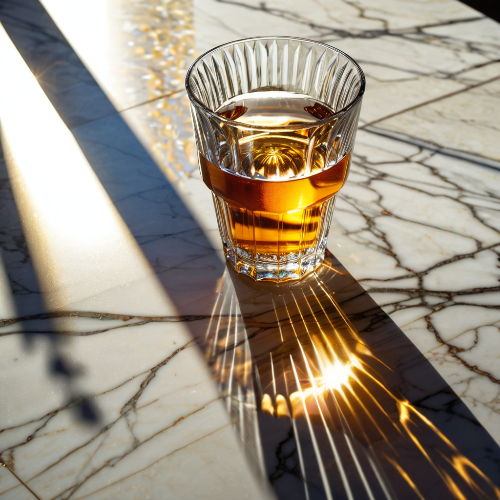 A hyperrealistic painting of a glass of water on a marble table, sunlight refracting through it, casting complex shadow patterns, perfect clarity, Dutch Golden Age tradition