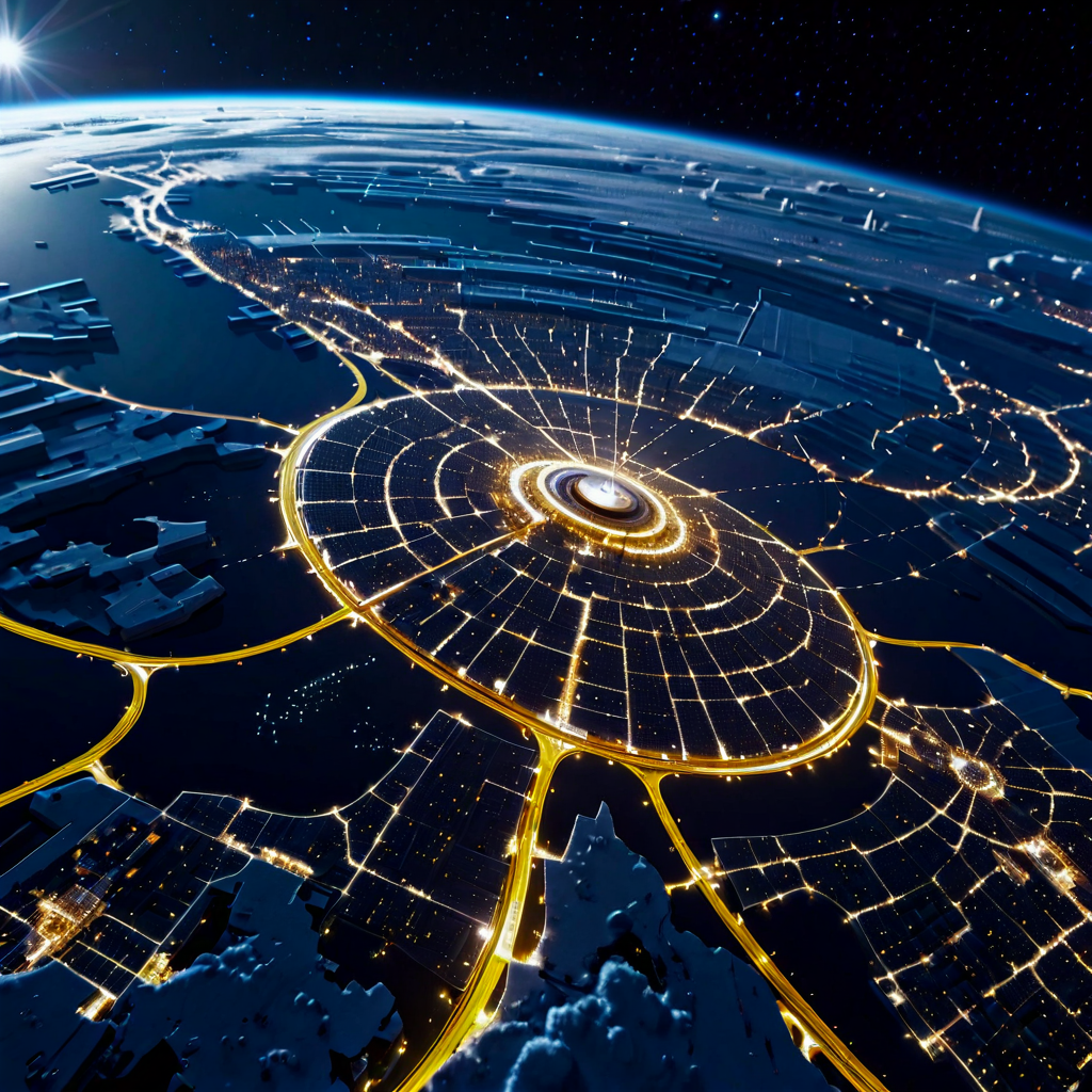 A futuristic megacity seen from orbit, city lights forming the shape of a neural network, weather systems swirling above, tiny spacecraft in low orbit, epic scale concept art