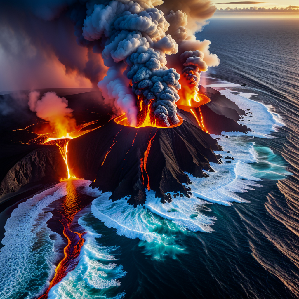 The moment a volcanic eruption meets the sea, lava rivers hissing into Pacific waves, clouds of steam backlit by fire, aerial view, spectacular natural chaos