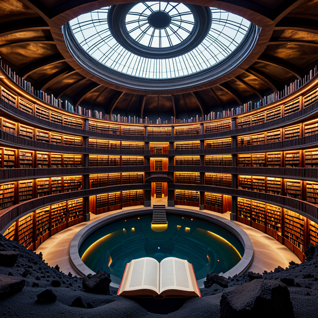 An architectural marvel: a library built inside a dormant volcano crater, glass dome overhead revealing the caldera walls, thousands of books spiraling down to a lava lake floor, concept art