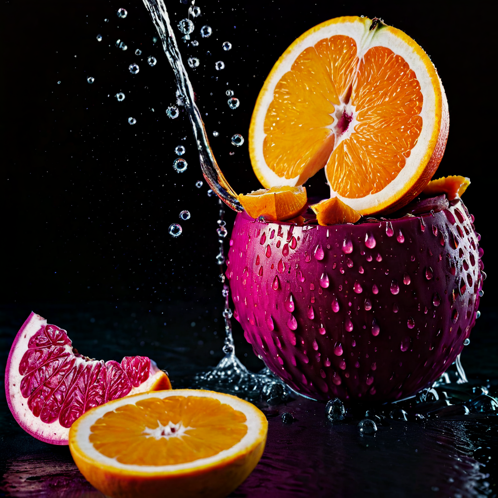 Hyper-realistic still life of exotic tropical fruits split open, vibrant magenta and orange flesh, water droplets catching studio light, dark moody background, food photography