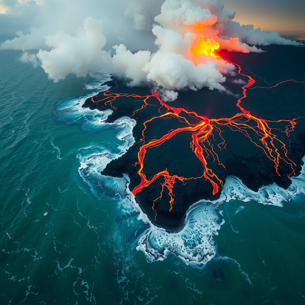 The moment a volcanic eruption meets the sea, lava rivers hissing into Pacific waves, clouds of steam backlit by fire, aerial view, spectacular natural chaos