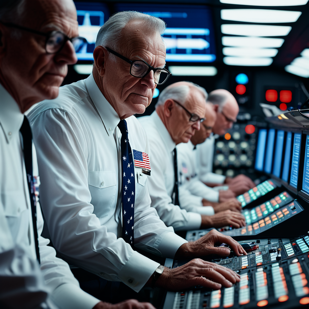 Portrait of a 1960s NASA mission controller at his console, rows of identical men in white shirts and ties, banks of glowing instruments, American flag, tension and pride, period film quality