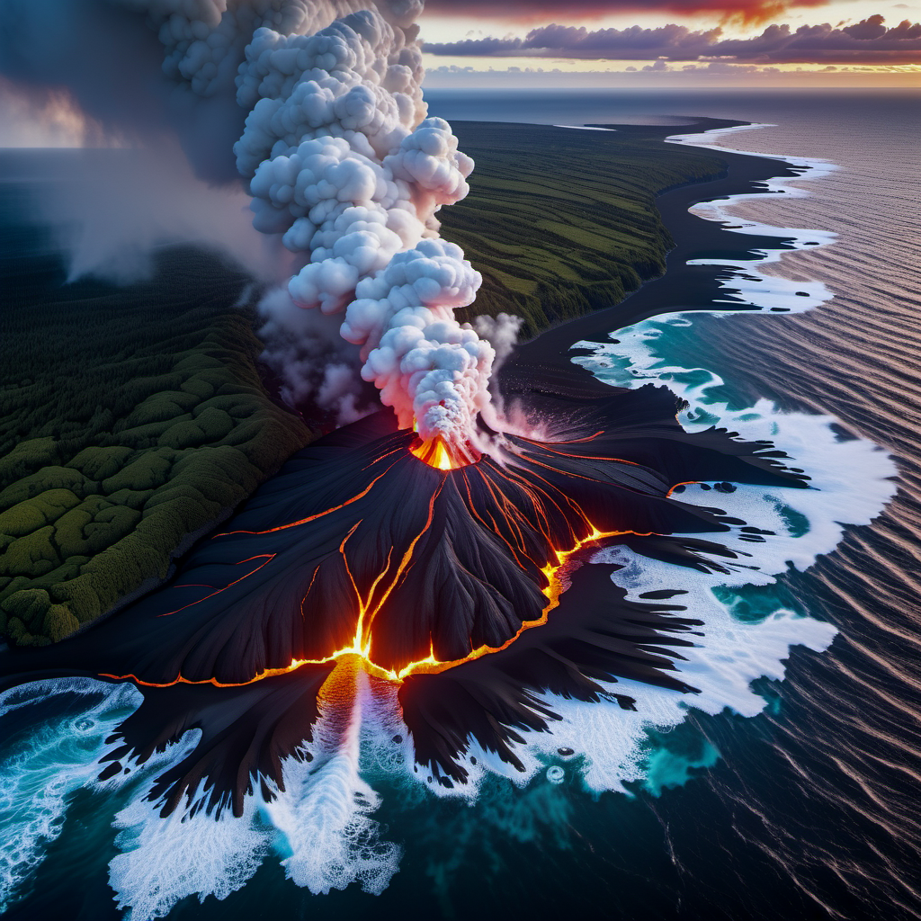 The moment a volcanic eruption meets the sea, lava rivers hissing into Pacific waves, clouds of steam backlit by fire, aerial view, spectacular natural chaos