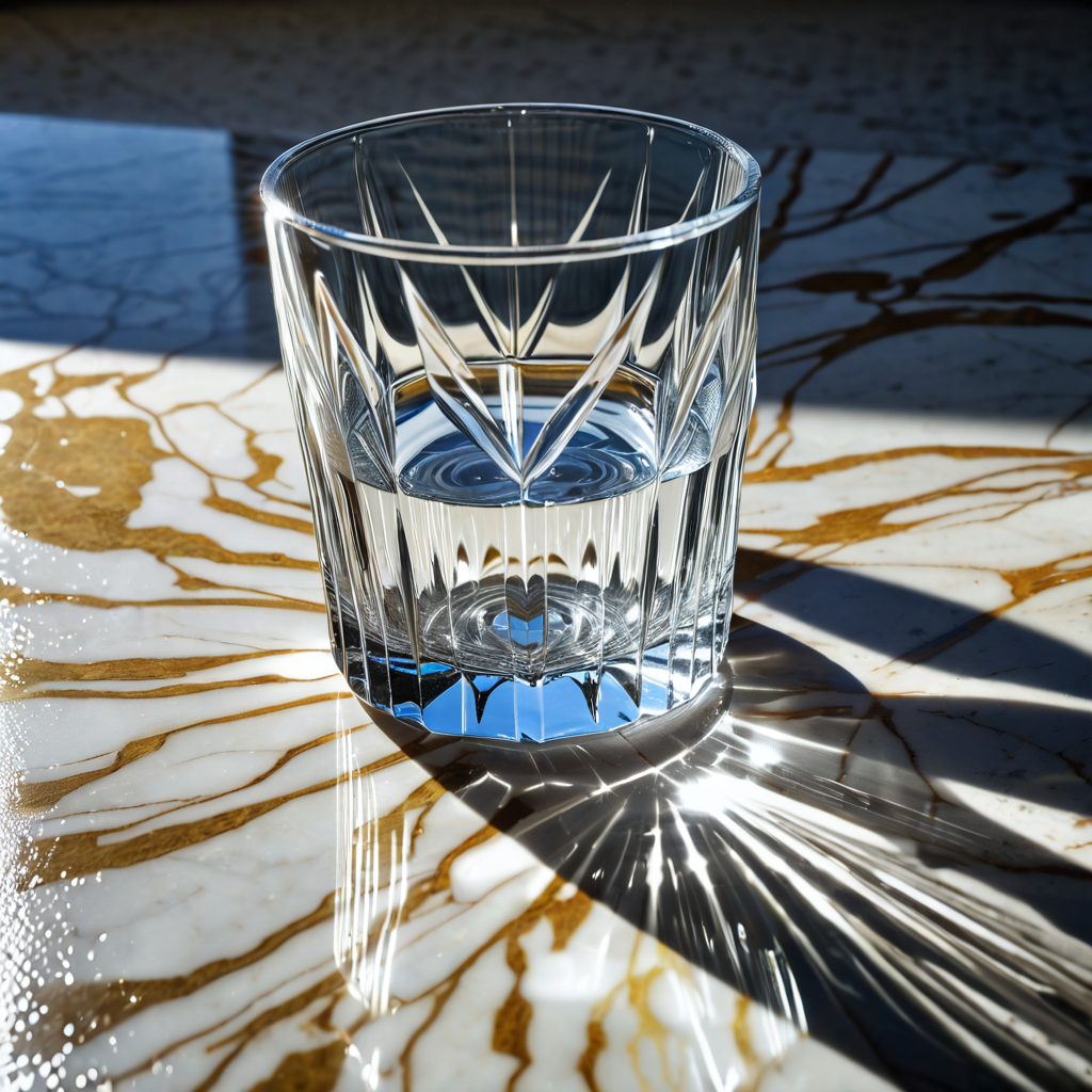 A hyperrealistic painting of a glass of water on a marble table, sunlight refracting through it, casting complex shadow patterns, perfect clarity, Dutch Golden Age tradition