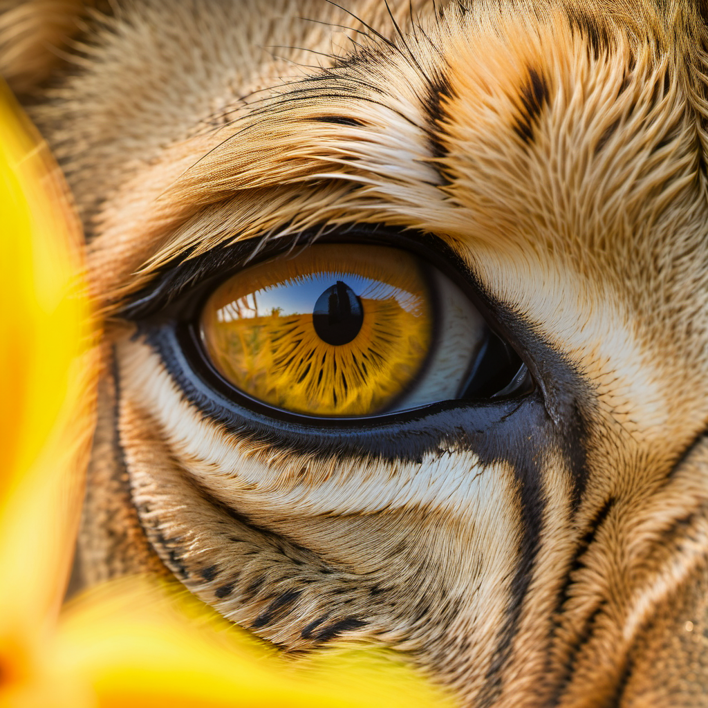 Extreme close-up of a lion's eye, savanna landscape reflected in the golden iris, every hair follicle visible, breath-taking detail, wildlife photography