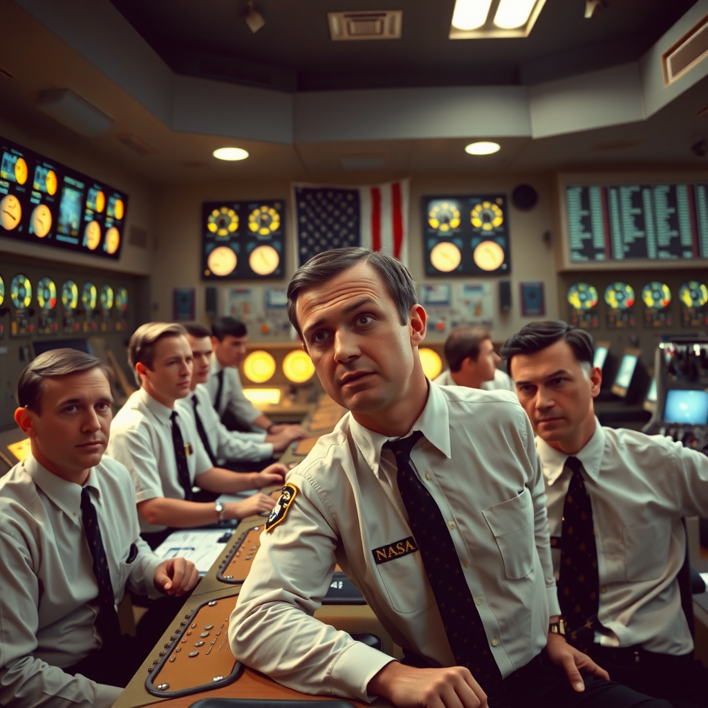 Portrait of a 1960s NASA mission controller at his console, rows of identical men in white shirts and ties, banks of glowing instruments, American flag, tension and pride, period film quality