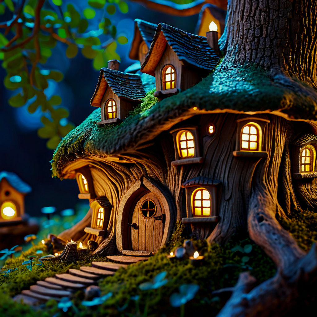 A tiny fairy village built inside the hollow of an ancient oak tree, warm candlelight glowing from miniature windows, mushroom rooftops, fireflies dancing outside, whimsical storybook style