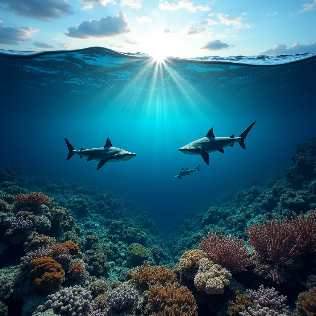 A massive coral reef system from above and below simultaneously, sharks patrolling the surface layer, endless colorful coral in the depths, split-level ocean photography, impossible perspective