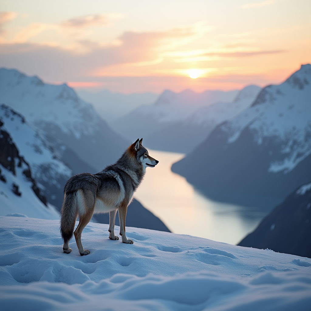 A lone wolf standing on a snow-covered mountain ridge at dawn, breath visible in the freezing air, vast Norwegian fjords below, National Geographic photography style, golden rim lighting
