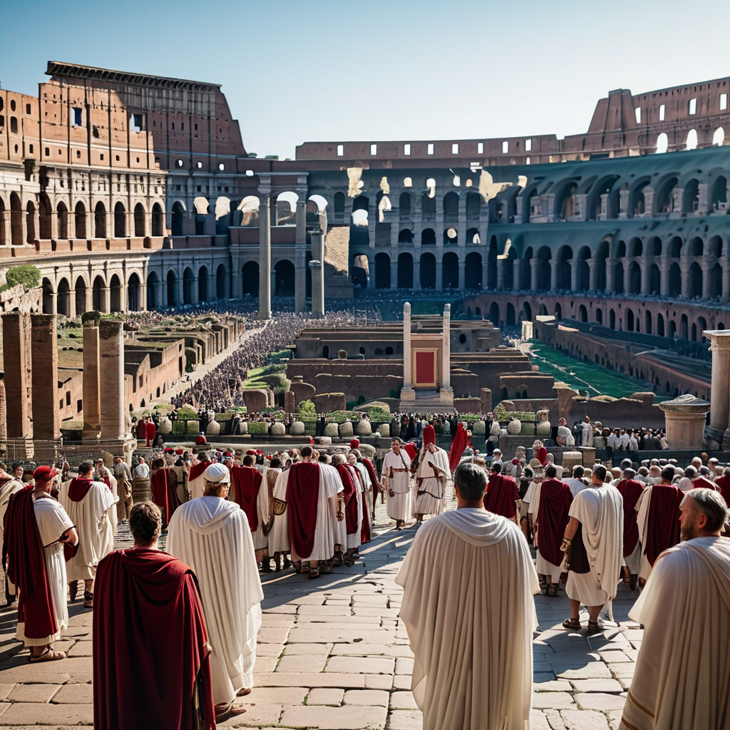 An ancient Roman forum at the height of the empire, bustling with merchants and senators in white togas, the Colosseum gleaming in the background, historically accurate reconstruction