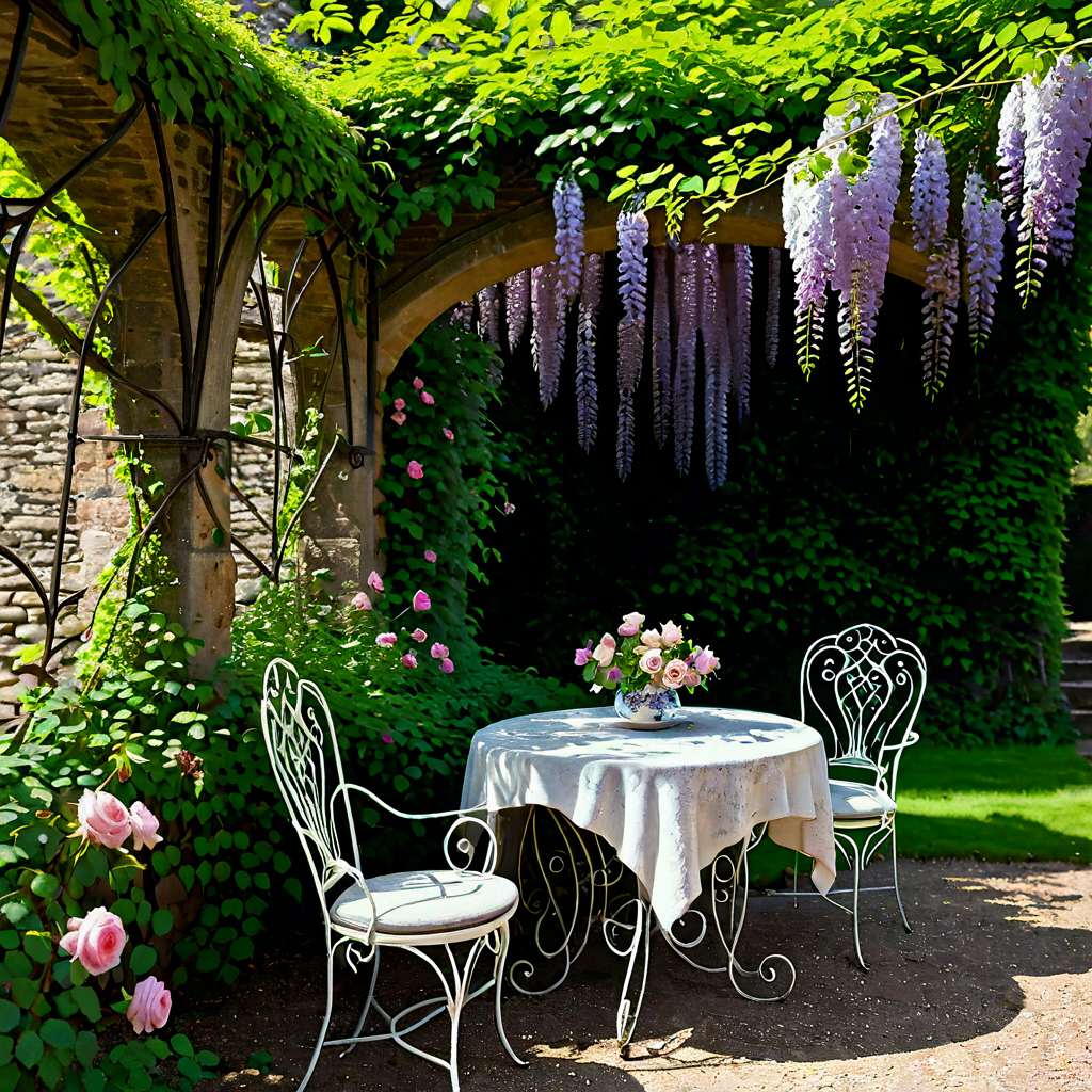 An overgrown English country garden in full summer, roses climbing stone walls, a wrought-iron table set for tea, sunlight filtering through wisteria, romantic and lush, painterly impressionism