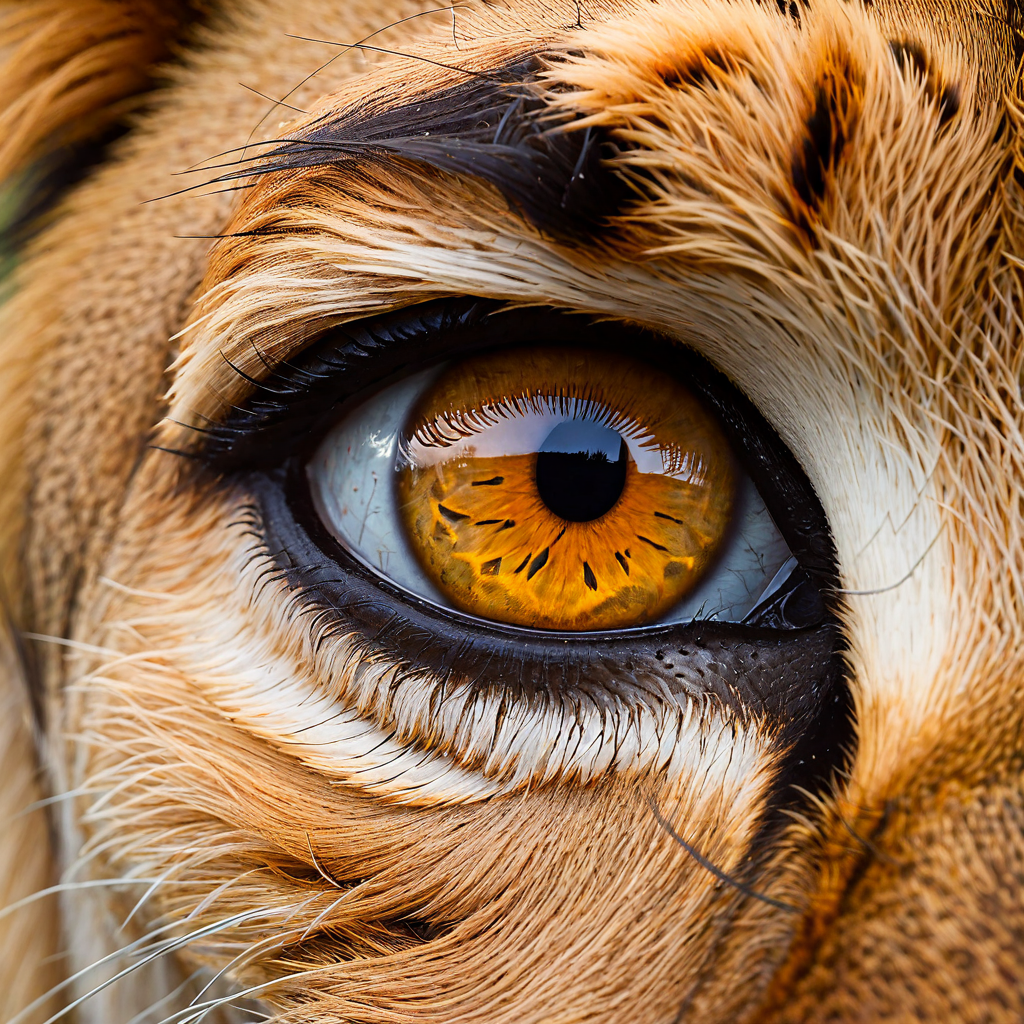 Extreme close-up of a lion's eye, savanna landscape reflected in the golden iris, every hair follicle visible, breath-taking detail, wildlife photography