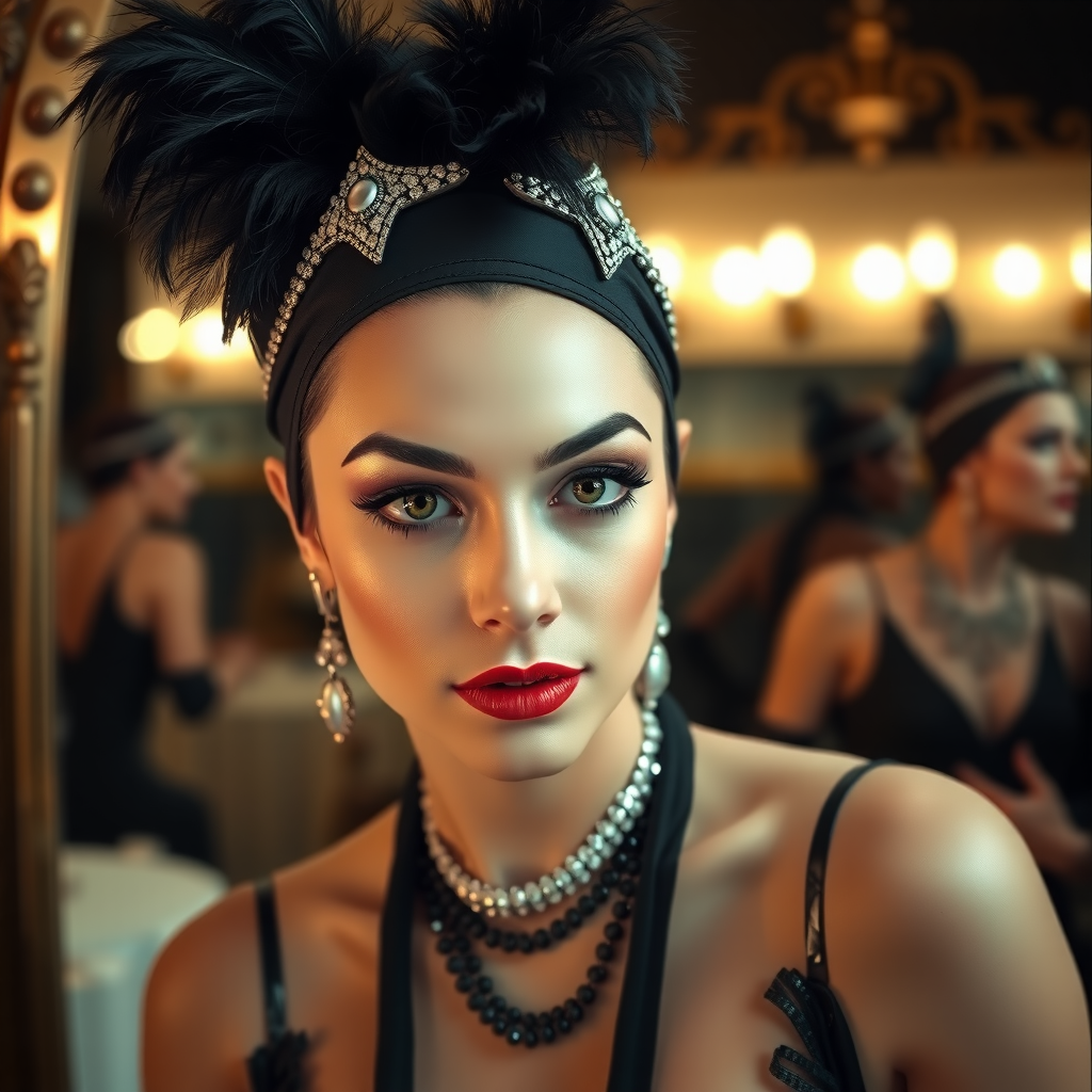 Portrait of a 1920s Parisian cabaret performer in full costume, feather headdress, smoky-eyed glamour, art deco dressing room mirror reflecting costume jewels, seductive and theatrical