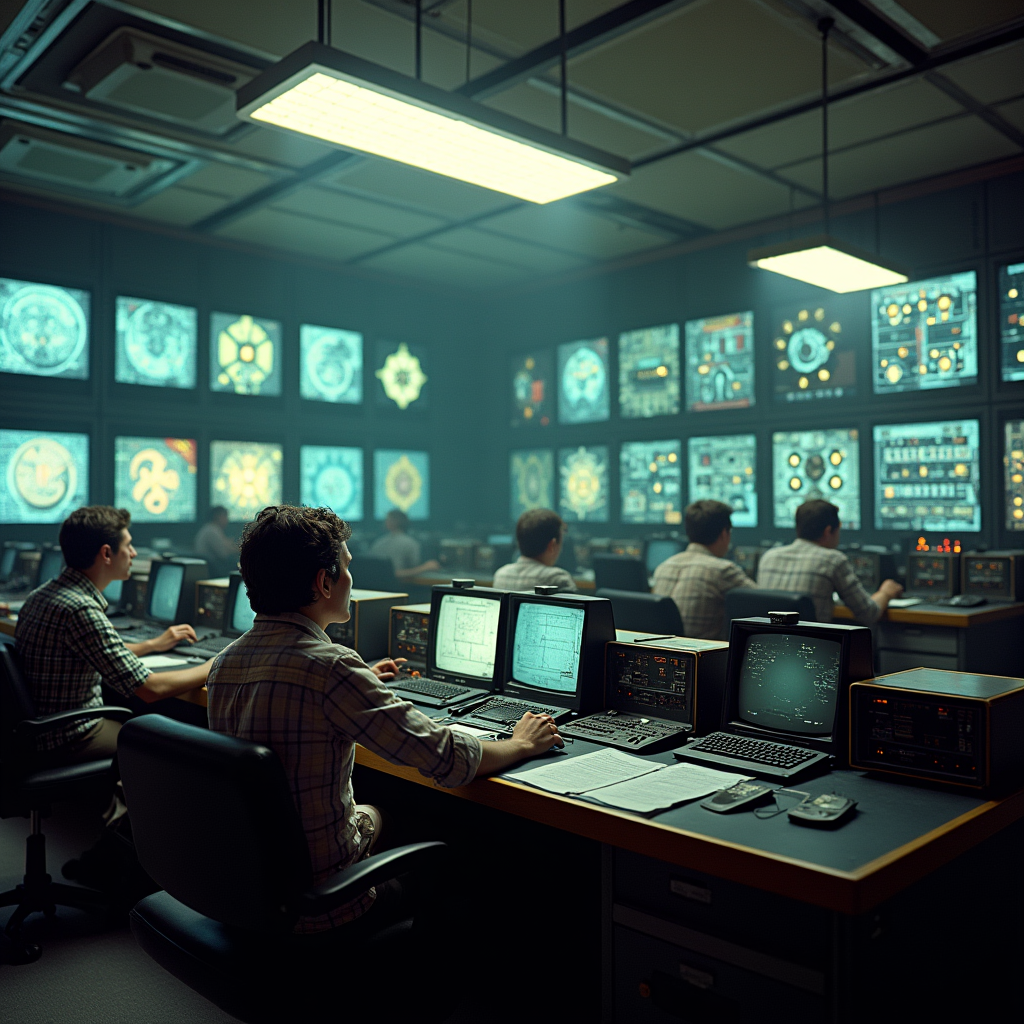 A 1970s analog control room mid-crisis, banks of flickering monitors, panicked engineers in plaid and polyester, dramatic overhead fluorescent lighting, photorealistic period detail