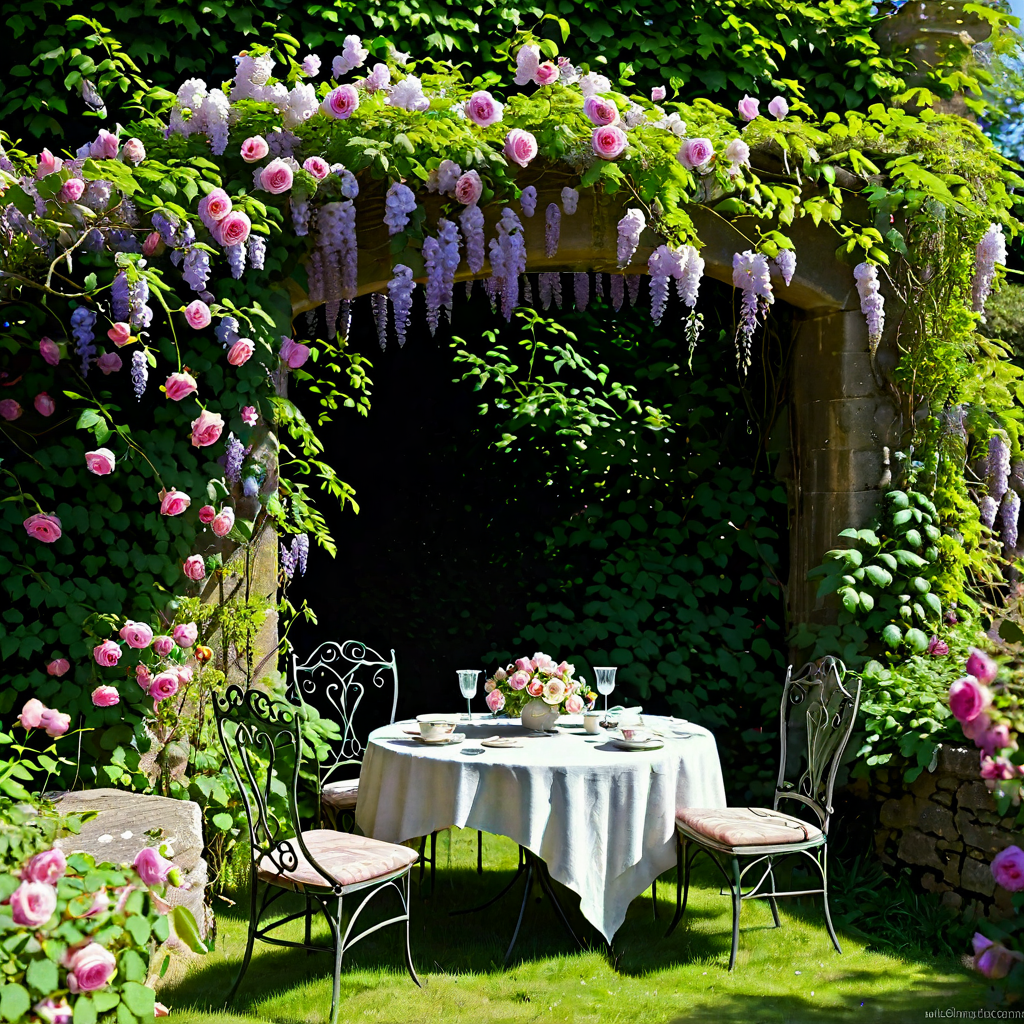 An overgrown English country garden in full summer, roses climbing stone walls, a wrought-iron table set for tea, sunlight filtering through wisteria, romantic and lush, painterly impressionism
