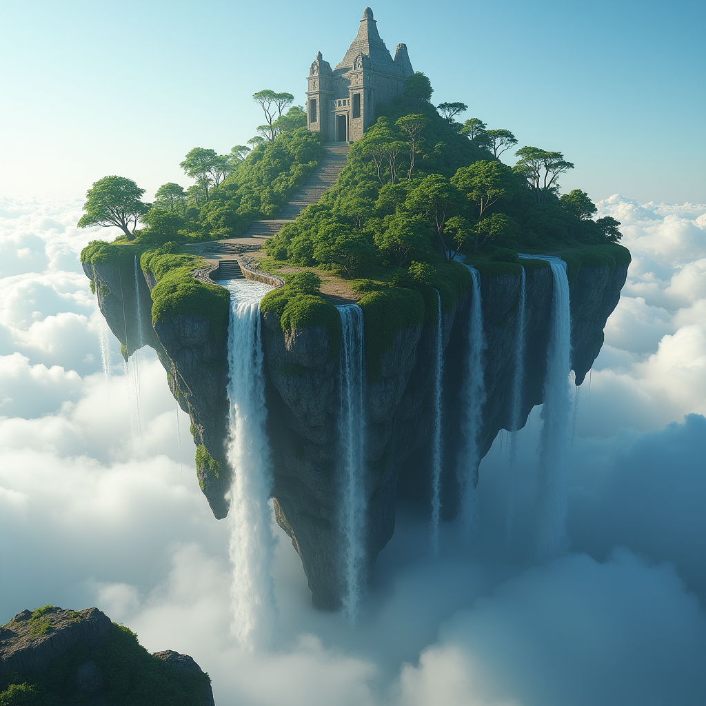 A levitating island paradise above the clouds, waterfalls cascading into the sky below, ancient ruins on the summit, lush tropical vegetation, Avatar-style concept art, epic scale