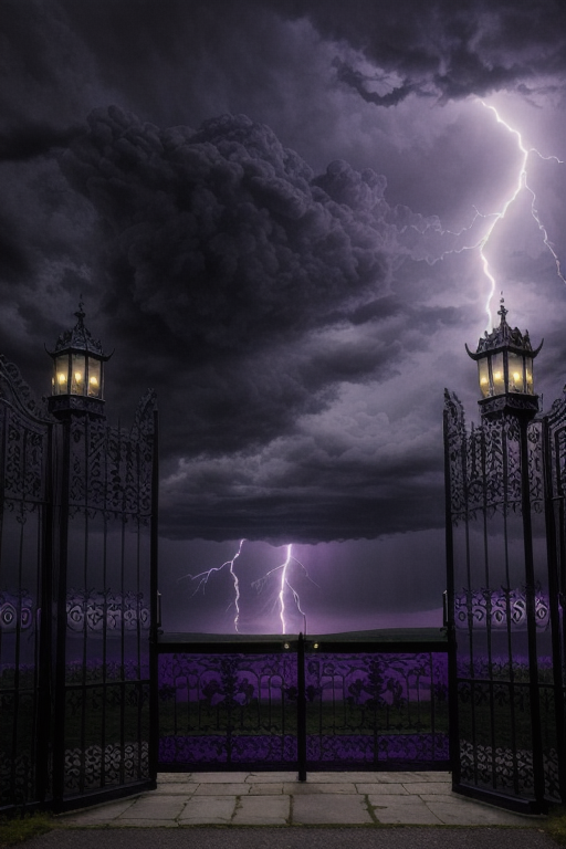 Victorian gothic mansion at stormy dusk, lightning, ravens on iron gates, purple twilight sky, detailed ink illustration