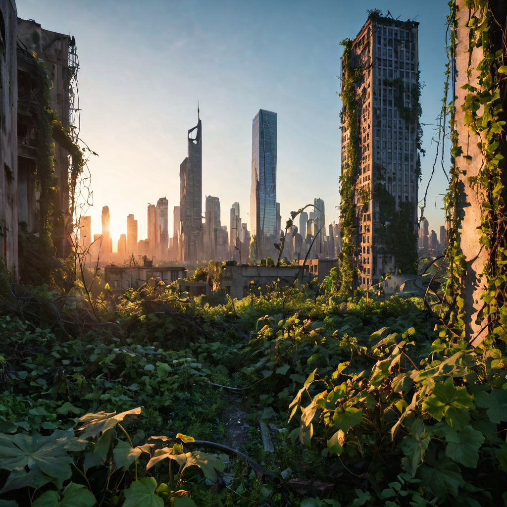 Post-apocalyptic city overgrown with nature, vines on skyscrapers, sunrise, lone traveler, cinematic, artstation