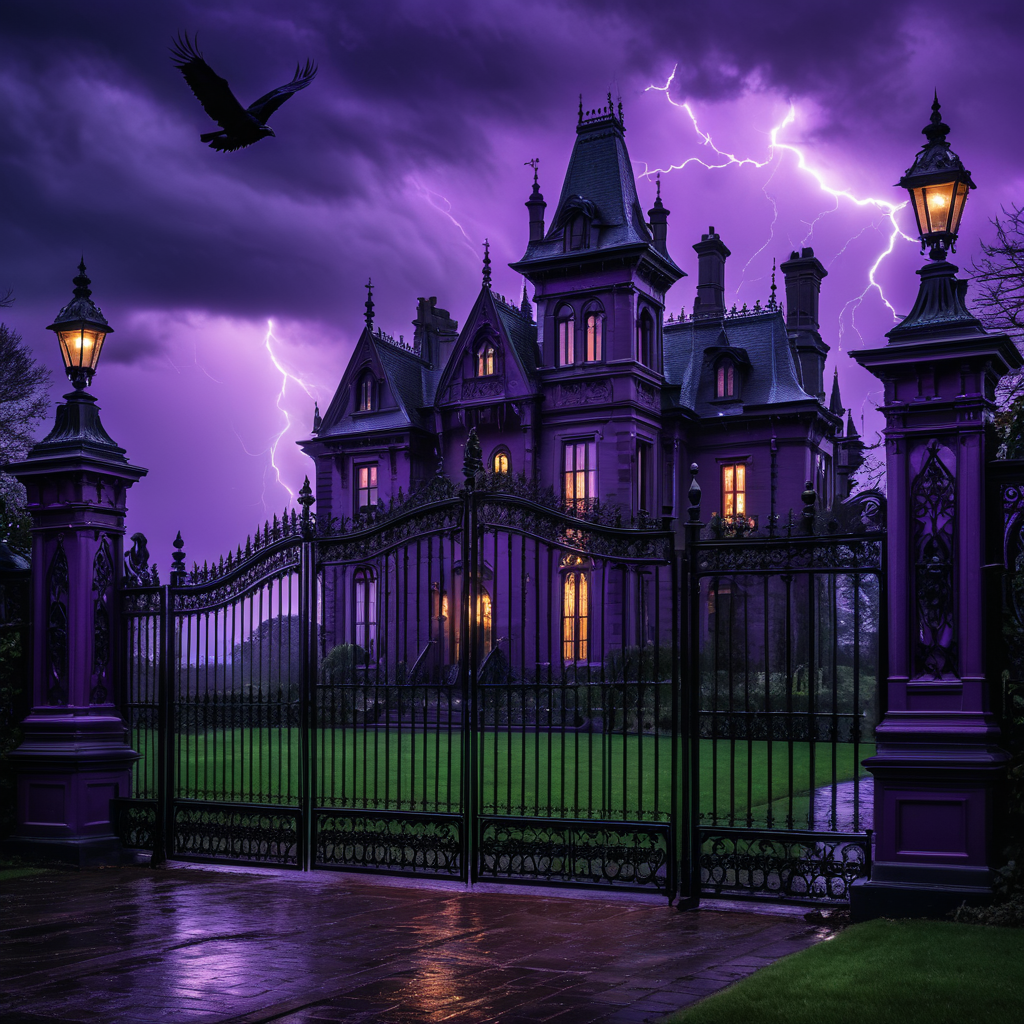 Victorian gothic mansion at stormy dusk, lightning, ravens on iron gates, purple twilight sky, detailed ink illustration